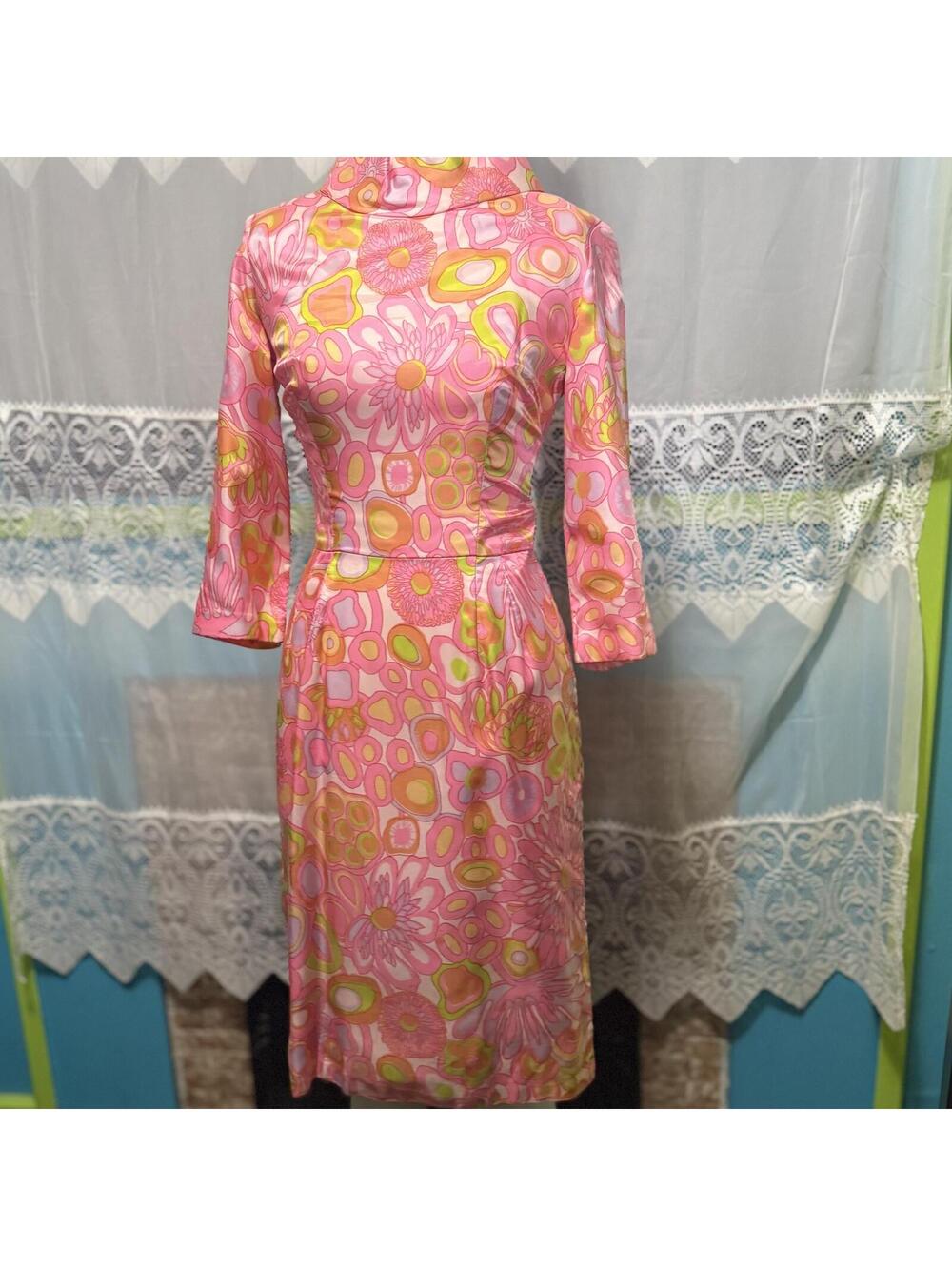 VTG Handmade 60s Psychedelic High Neck Futuristic Satin Bodycon Dress size S